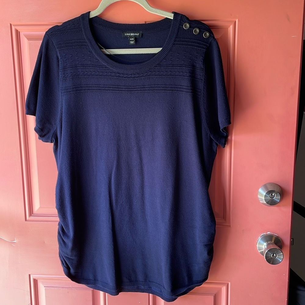 Lane Bryant Navy Blue Short Sleeve Textured Pullover Top.